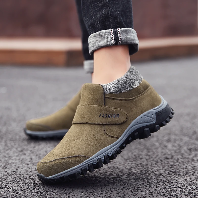 Men Fur-Khaki Мужские ботинки с теплым мехом; зимние ботинки; мужские водонепроницаемые плюшевые ботильоны; Повседневная рабочая обувь для улицы; botas hombre 47 - Цвет: Men Fur-Khaki