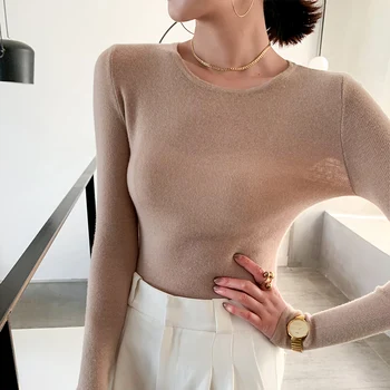 

High Quality 100% Pure Cashmere Spring Autumn Low-cut Pullovers Sweaters Primer shirt long sleeve Slim-fit tight sweater