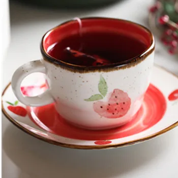 

Home creative ceramic cup saucer strawberry imprint coffee cup saucer household afternoon tea cup office drinking cup