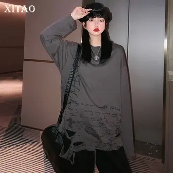 

XITAO Hole Letter Print Irregular T Shirt Women Clothes 2020 Spring New Fashion Loose Pullover Full Sleeve Match All Tee DMY3875