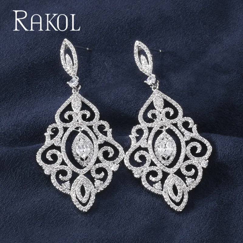 RAKOL Роскошные кубический цирконий, геометрической формы полный Мирко Асфальтовая Длинные Висячие серьги для элегантных дам Для женщин Свадебные украшения RE21866