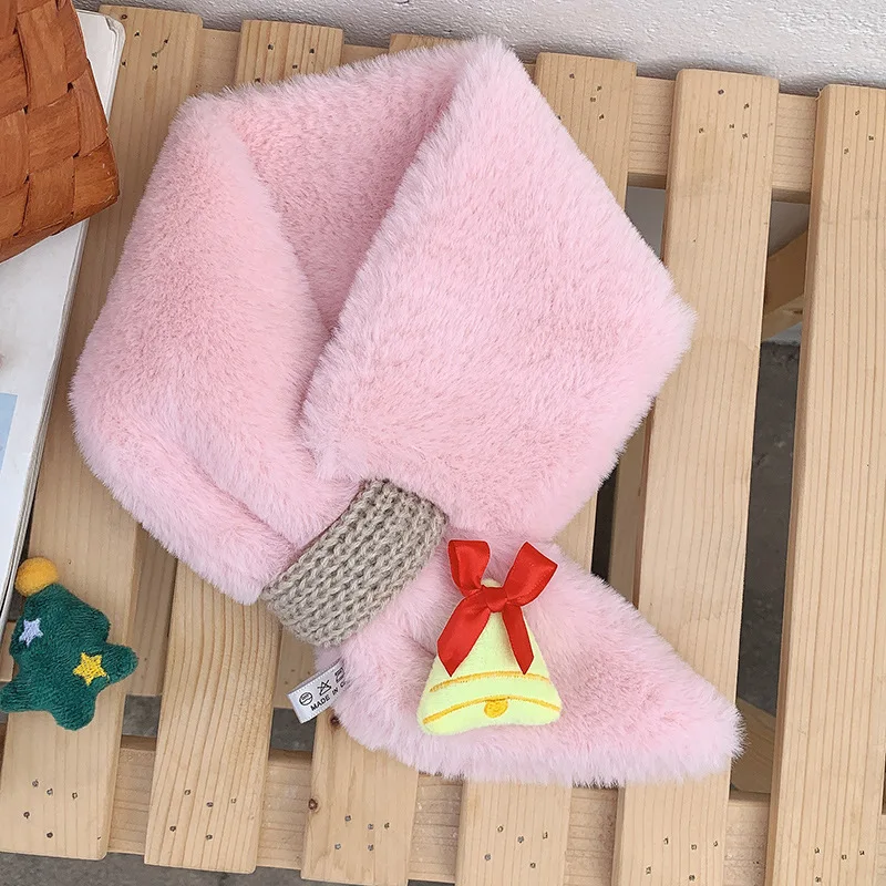 Pink-Bell Детский шарф из искусственного кроличьего меха OMEA, Рождественский шарф унисекс, детский теплый плюшевый шарф с Санта Клаусом, рождественский подарок для девочек - Цвет: Pink-Bell