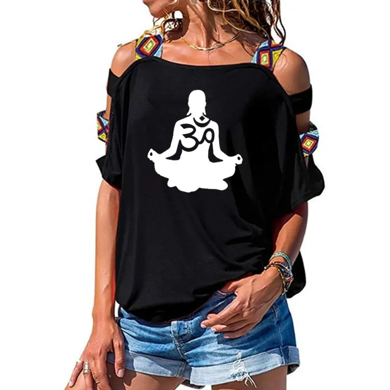 Женская футболка с коротким рукавом Ом АУМ силуэт принт летняя модная одежда футболка женская сексуальная открытая рубашка с открытыми плечами - Цвет: 1