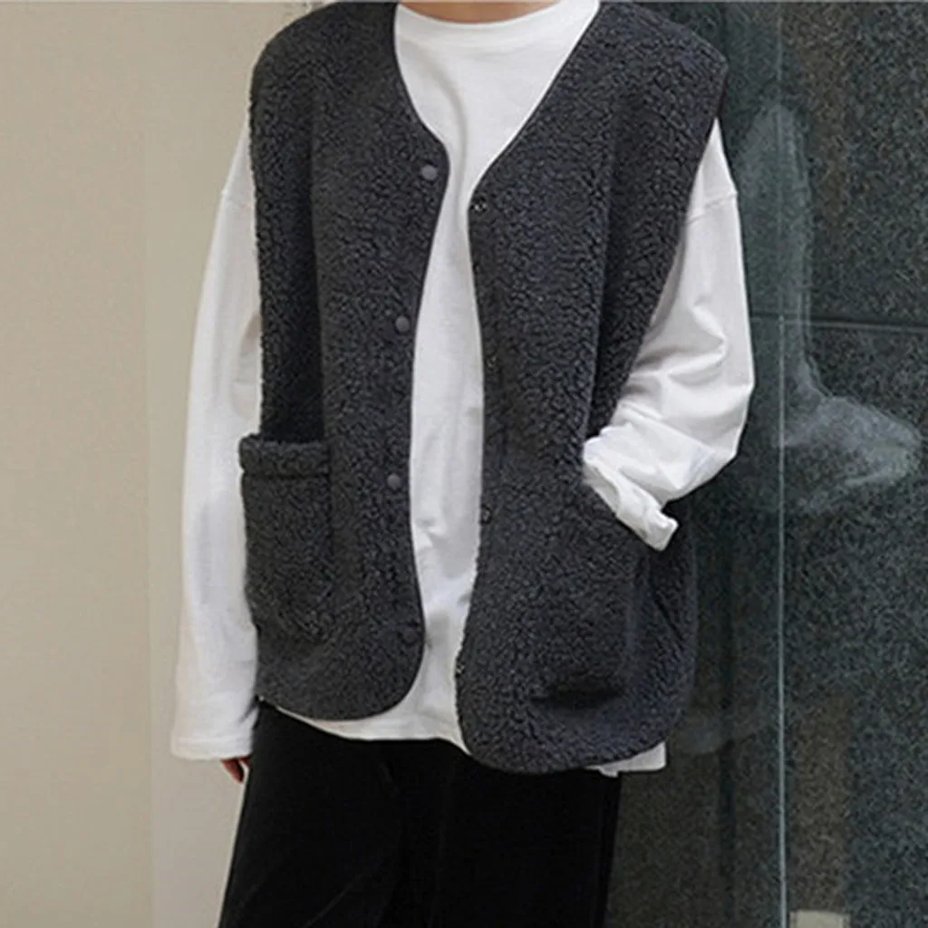 SAGACE Fashion Women Sleeveless Jackets Coats Solid Buttons Pockets Sleeveless Winter Cute Jacket Coat Plush Vest Soft Overcoat