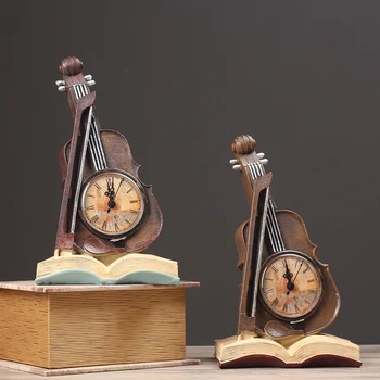 

Simple Art Resin Retro Violin Clock Ornaments Book Base Living Room Coffee Shop Office Desktop Clock Place Home Decoration Gifts