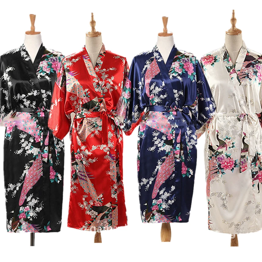 9Color Satin Japanese Style Kimono Women Yukata Dress Traditional Peacock Thin Clothing for Japanese Adult Loose Pajamas