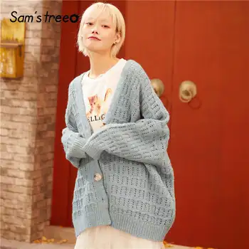 

SAM'S TREE Pink Solid Single Button Cut Out Knit Women Cardigan Sweater 2020 Spring Blue Pure Lantern Sleeve Casual Ladies Tops