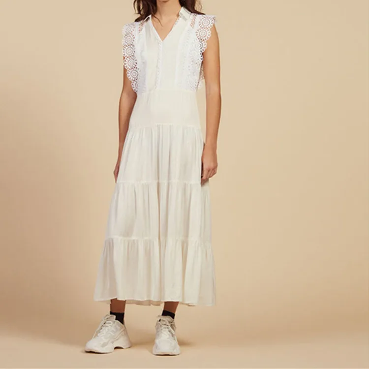 

Women Dress 2019 Spring and Summer New Lace Long Dress White Apricot