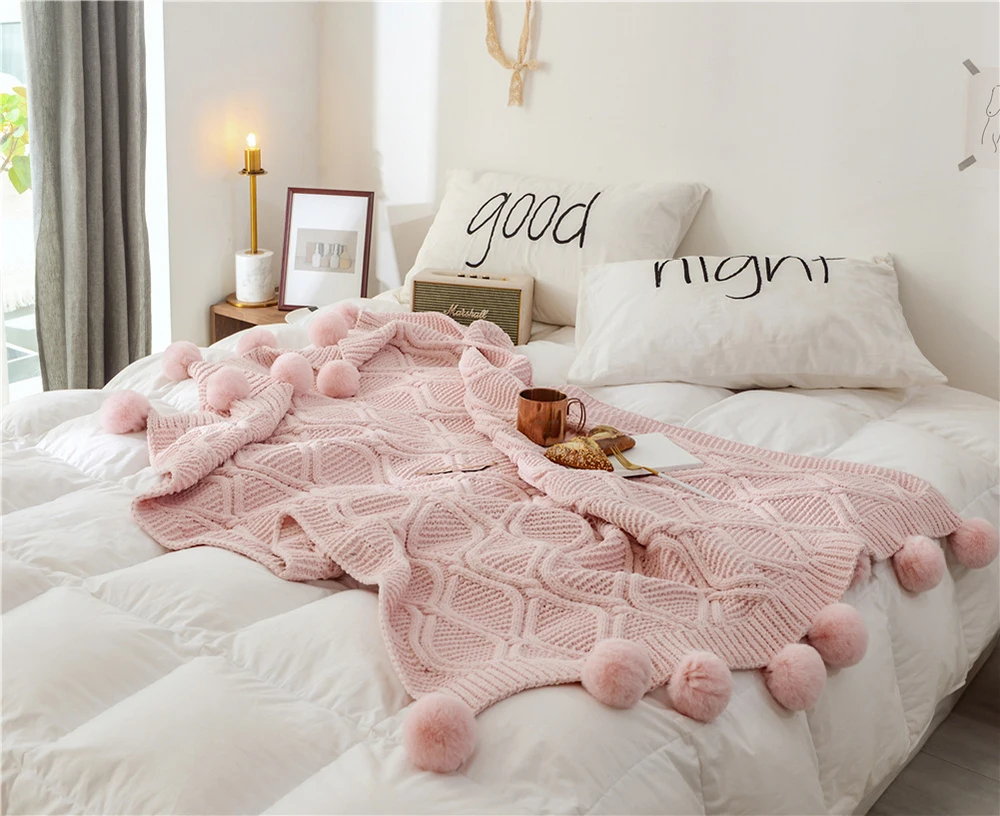 100% хлопок одноцветное вязаное одеяло с мячом скандинавские современные мягкие Плед покрывало на кровать стул диван домашние декоративные