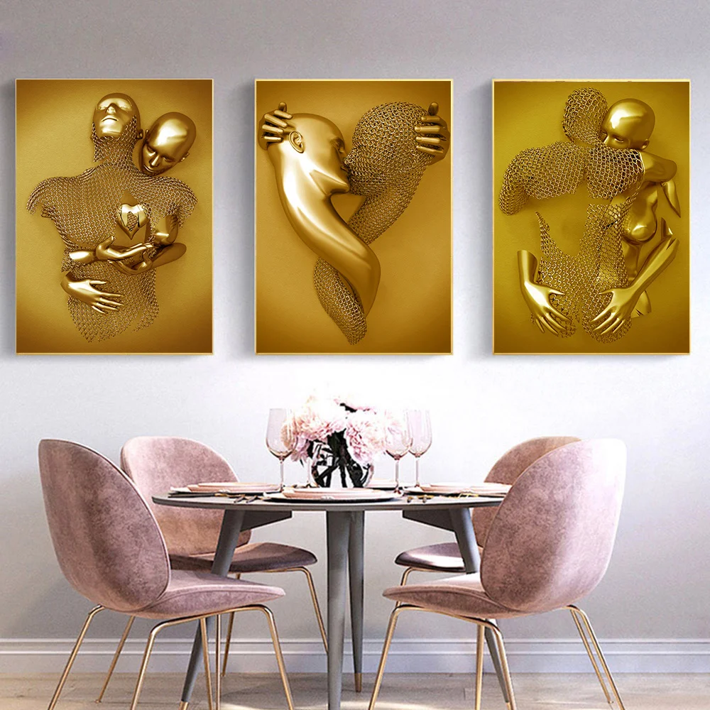 Kissing Metal Figure statue Canvas Painting Pop Abstract Wall Art Modern Posters and Prints For Living room Internal Home Decor