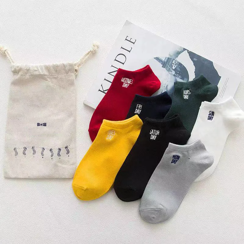7 pairs 7 дней носки 7 пар вышивки недели письма хлопок дамы сплошной цвет носки-башмачки качество повседневные носки - Цвет: 7 pairs