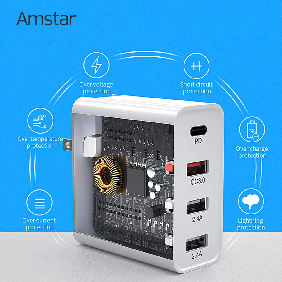 Amstar 48 Вт мульти Быстрая зарядка 3,0 PD type C USB зарядное устройство для iPhone 11 XS X samsung 10 9 huawei Tablet QC 3,0 быстрая настенная зарядка