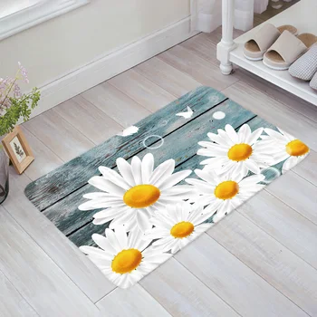 

White Daisy Butterfly Wood Grain Doormat Non-slip Rug Soft Bath Mats Bathroom Supplies Carpet Living Room