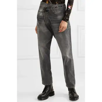 

2020 Spring Crooked Jeans Women Retro Irregular Beveled Wide Leg Pants Zipper Denim Trousers