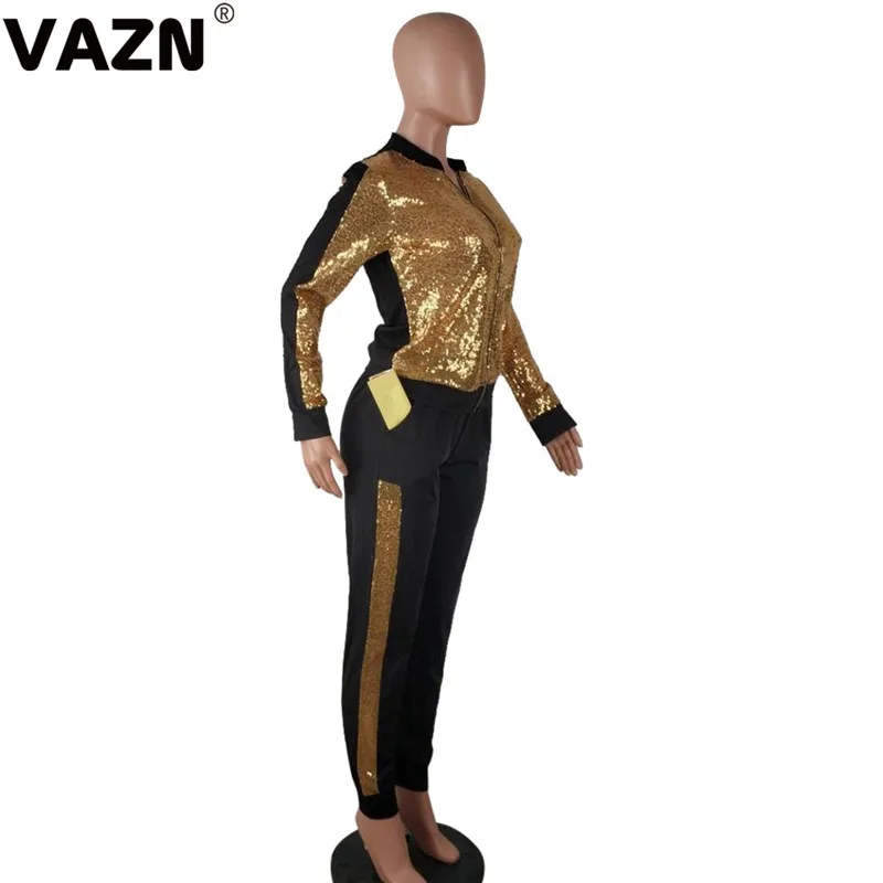 VAZN, высокое качество, расшитые блестками, Неопрятные, тяжелая промышленность, сексуальный, размера плюс, полный рукав, топ, длинные штаны, спортивные костюмы, тонкие, для женщин, комплект из 2 предметов