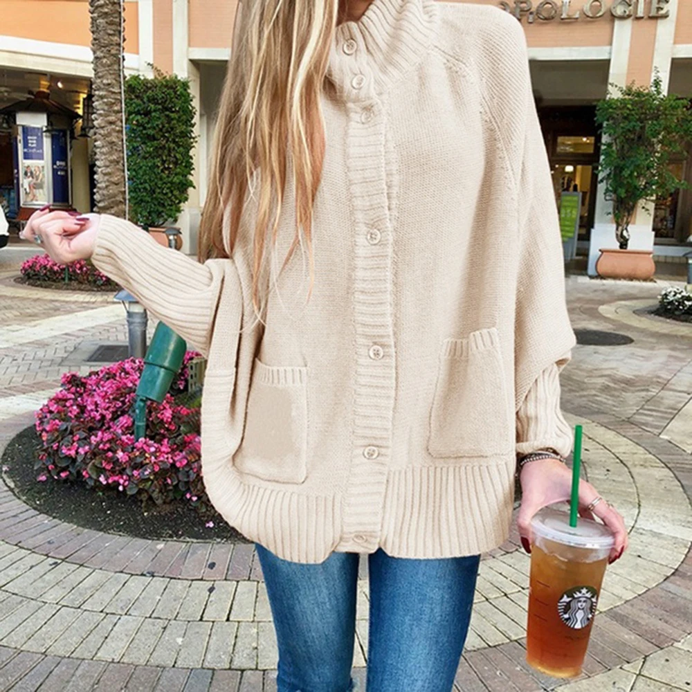 Plus Size Autumn Winter Women Pink Cardigan Sweaters Casual Loose Single Breasted Batwing Sleeve Knitted Oversized Sweater Coats - Color: Beige