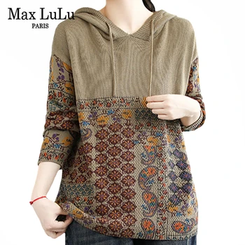 

Max LuLu New Chinese Designer Winter Ladies Hooded Pullovers Womens Printed Knitted Christmas Sweaters Vintage Clothes Plus Size