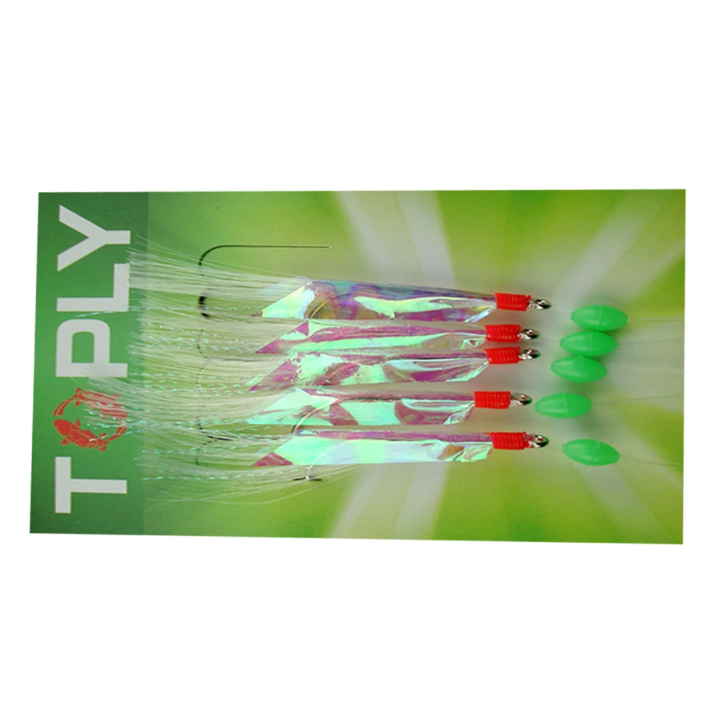 5Pcs Fishing Rigs Barbed Hooks 3/0 High Luminous foil strips Reflective Glow Beads & Lure Baits Multiple Sparkle Tinsel Strands