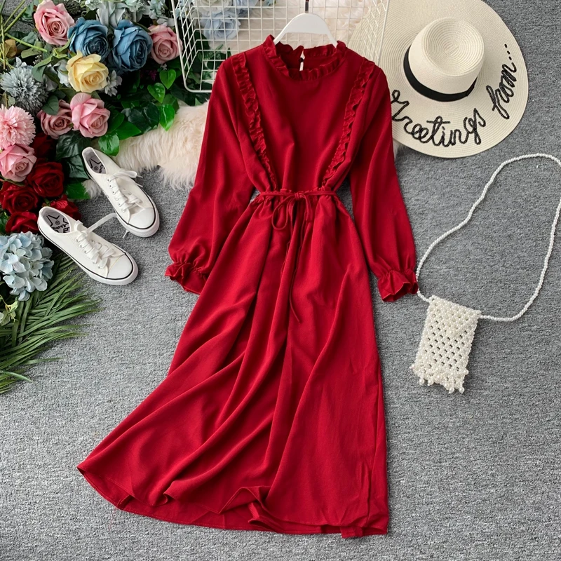 

Ruffles Stand Collar Long Sleeve A Line Dress Women Sweet Solid Color Party Slim Midi Dress Autumn Casual Pink Black Red Dresses