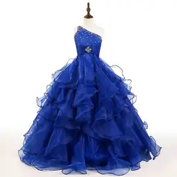 Красивые Синие Платья с цветочным узором и бусинами на одно плечо для девочек нарядные платья для девочек праздничное платье для дня