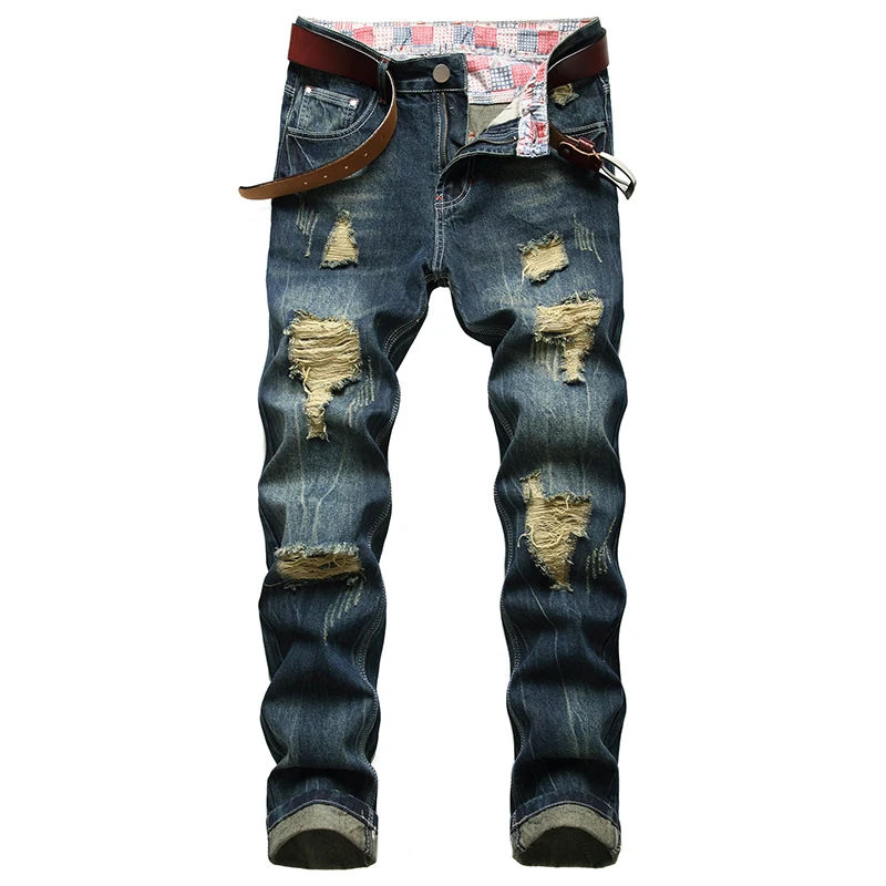 Los hombres azul oscuro vaqueros Denim destruido de los hombres de algodón Casual pantalones de Denim para hombre moda vaqueros de talla grande 28-42