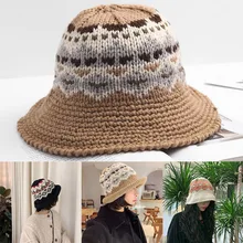 

Jacquard Vintage Pattern Woolen Hat Handmade Crochet Coarse Wool Fisherman Hat Curled Knitted Basin Hat