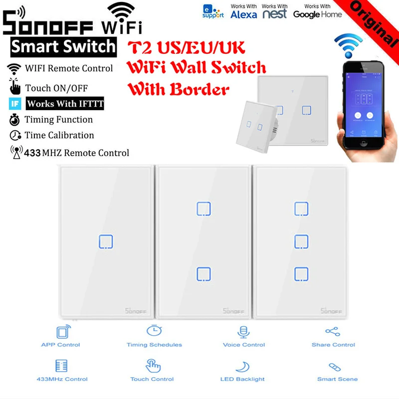 SONOFF T2 США/Великобритания/ЕС TX Умный дом Wifi сенсорный настенный выключатель света с рамкой базовый 433 RF/голос/управление с Alexa Google Home