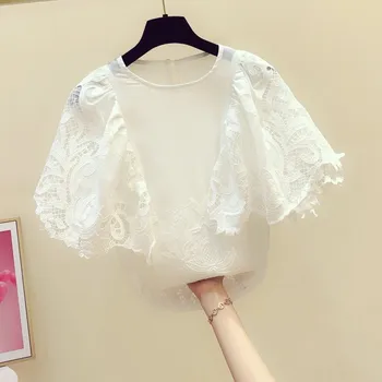 

White Lace Blouse for Women Summer Top New Korean Style Elegant Chiffon Stitched Lace Shirt Flare Sleeve Blouses Tops Blusas