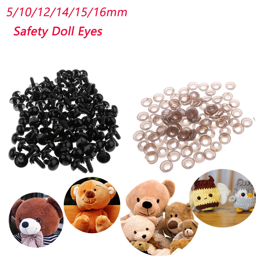 100 Pieces Black Plastic Safety Eyes With Washers Backs For Dolls DIY Making, Stuffed Animals Bear Crafts, 5~40mm