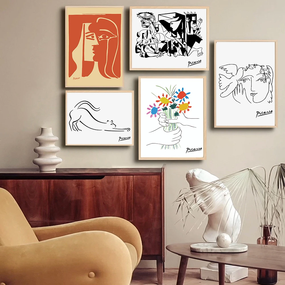 Picasso Exhibition Poster Line Bird Cat Flower Bundle Canvas Painting Abstract Kiss Gallery Retro Wall Art Picture Bedroom Decor | Дом и сад