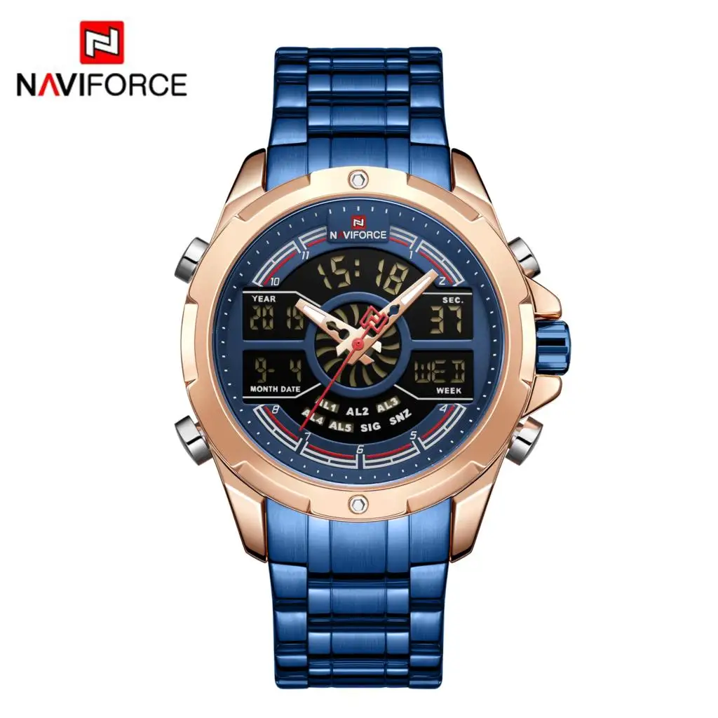 Синий NAVIFORCE Sport Men Watches Fashion Digital Quartz Wrist Watch Steel Waterproof Dual Display Date Clock Gold Relogio Masculino - Цвет: Синий