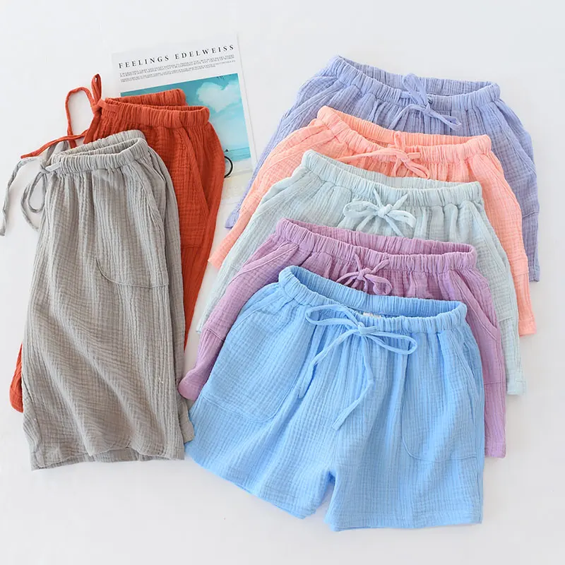 Летний хлопок креп пара шорты для мужчин и женщин пижамные шорты дышащие для отдыха пижамные штаны брюки Твердые Шорты для сна