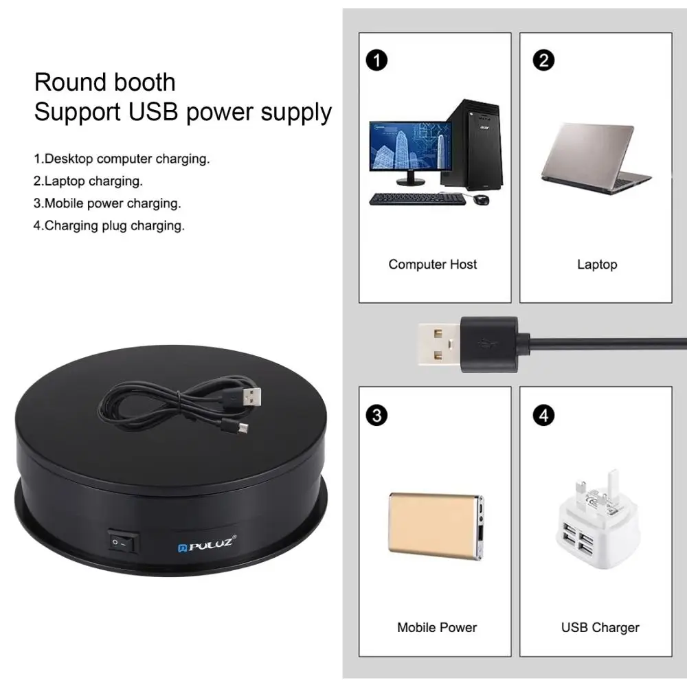 Puluz-suporte Giratório Elétrico Suporte Giratório de 360 Graus Adereços de Fotografia Gravação de Vídeo Usb 30cm 15cm - Image 2