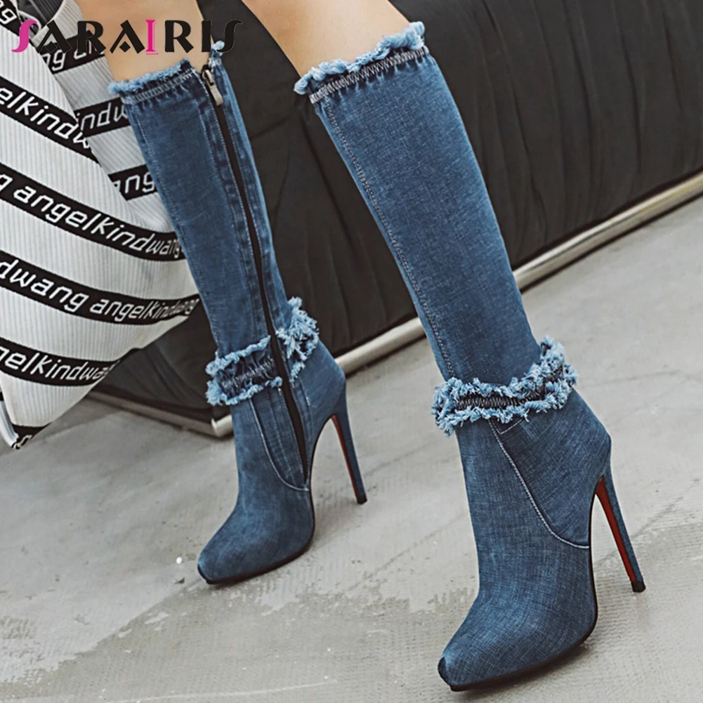 

SARAIRIS Autumn Winter Streth Denim Boots For Women Platform Knee High Boots Zipper Thin High Heels Boots Woman Size 33-43