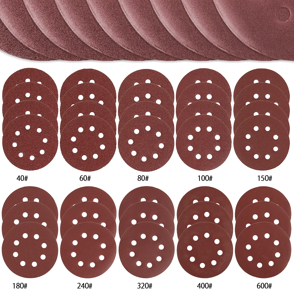 100 шт 5 дюймов 125 мм круглая наждачная бумага восемь отверстий диск песок листы Зернистость 40-600 крюк и петля шлифовальный диск абразивные материалы для полировки