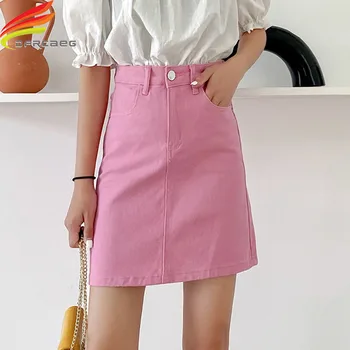

High Waist A Line Mini Denim Skirt Women 2020 New Arrival Candy Color Denim Jeans Skirts Casual Pockets Jean Skirts For Ladies