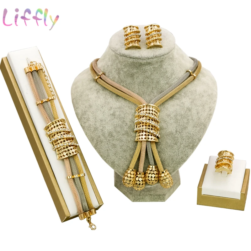 

Nigeria Jewelry Sets for Women Classic Tricolor Necklace Earrings Ring Bracelet Dubai Jewelry Sets 4 Piece Set Party Jewelry