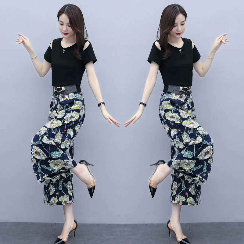 

Women's Casual Suit 2023 Summer New Fashion Korean Style Crop Top And Printed Wide Leg Pants 2 Two Piece Set Plus Size Clothing