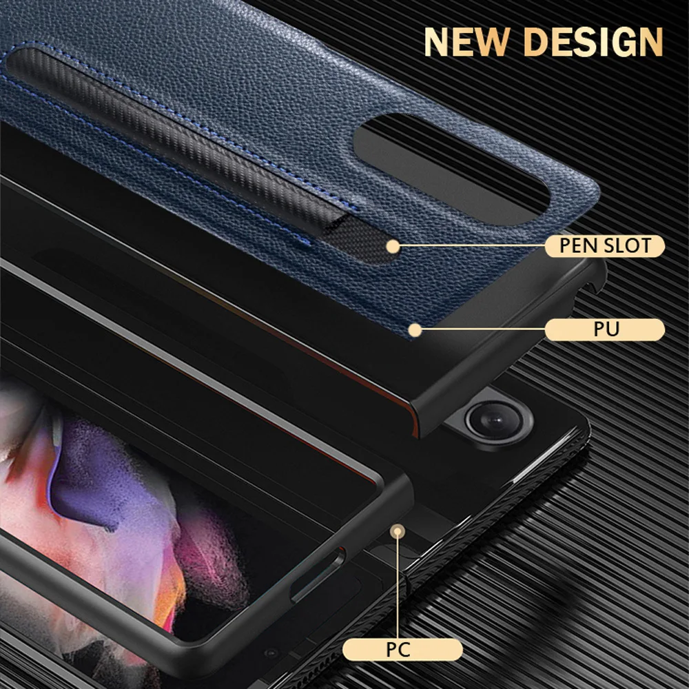 Fashion Leather Lychee pattern Pen slot case for Samsung Galaxy Z Fold 3 PU+PC Cover Anti-knock luxury Cases for Fold3 F9260 phone flip cover