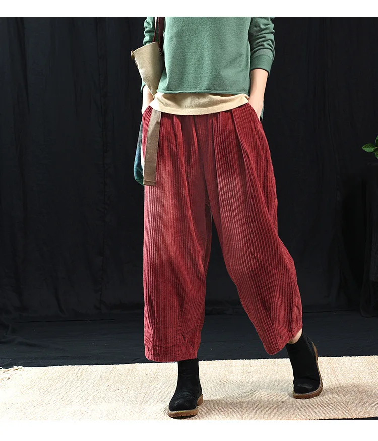Женские штаны Corduory, большие размеры,, Осень-зима, эластичная резинка на талии, однотонные повседневные штаны, шаровары YoYiKamomo