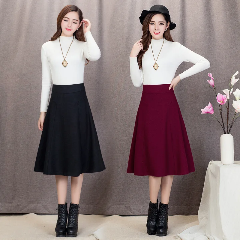 

Autumn And Winter Skirt 2019 New Style Woolen Long Skirts Skirt Mid-length A- line Skirt High-waisted Black And White with Patte