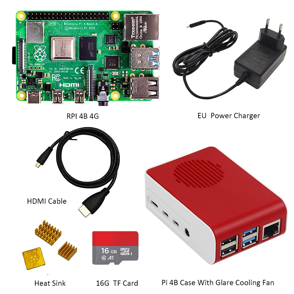 Günstig 2019 Raspberry Pi 4 Modell B Kit 4 GB + Pi 4 fall mit fan + EU UNS  UK Typ C 5 V 3A Power ladegerät + HDMI kabel + 16G SD karte + kühlkörper