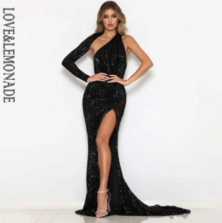 Love& Lemonade, сексуальное, с открытой спиной, с одним рукавом, облегающее, эластичное, с блестками, ткань, облегающее, для выхода, длинное платье, LM81333-2, темно-синее - Цвет: BLACK