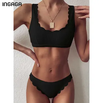INGAGA-Bikinis con Push-Up para mujer, bañadores negros, traje de baño festoneado, Bikini acanalado liso, conjunto de Bikini para mujer 2021