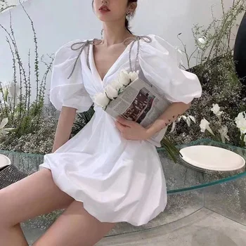 

2020 New Summer Dress Women Elegant Lady Crystal Butterfly Deep V-Neck Knot Vintage French Chic Ins Style Robe Vestidos Bohemian