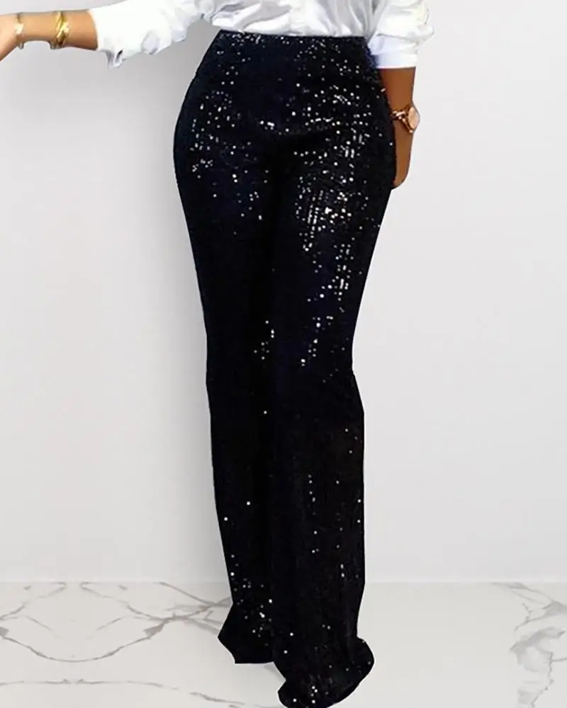 Sequins High Waist Wide Pants Woman Glitter Silver Black High Waist Trousers for Female Party Dance Flared Legs Pants