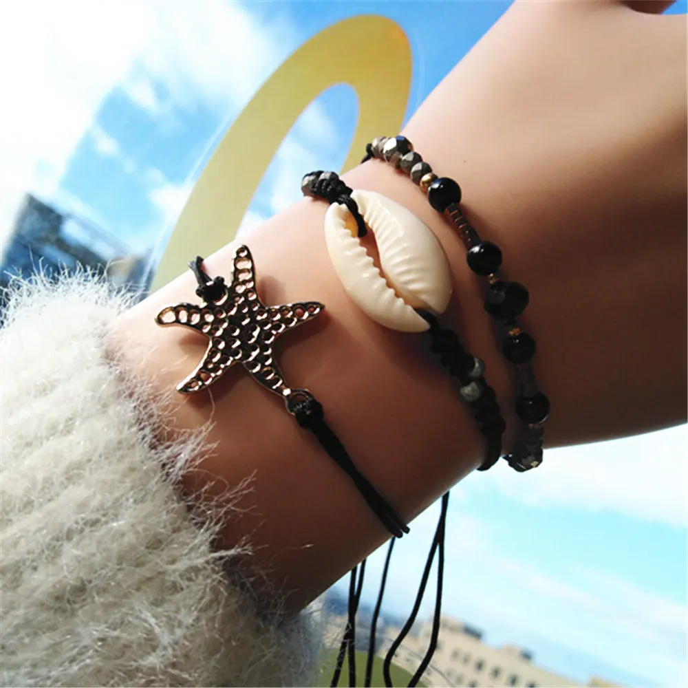 

Starfish Bowknot Girl Shell Black Crystal Anklets Fashion Summer Beach Bow Jewelry Charm Bracelets For Women Female Jewelry Gift