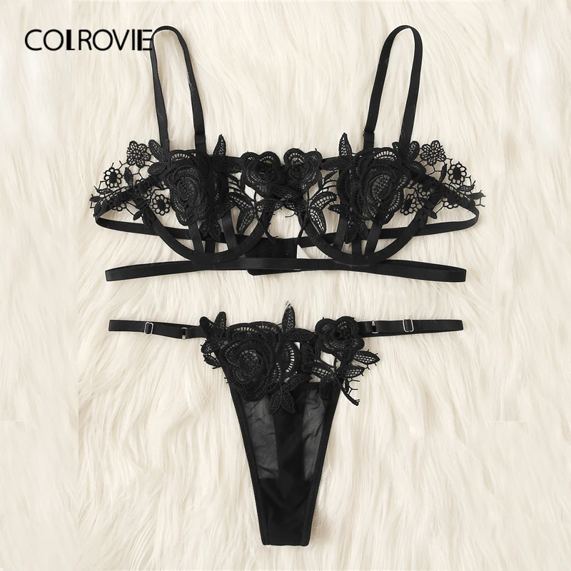 COLROVIE/комплект женского нижнего белья с черной цветочной аппликацией и вырезами, женское нижнее белье, однотонные сексуальные комплекты, Bralettes и стринги женский бюстгальтер