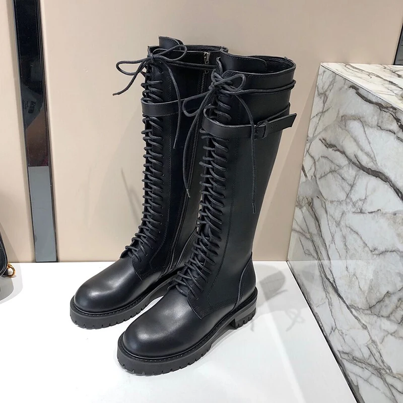 Western Luxury Genuine leather Women Long Boots Front Lace Up Flat Knee high boots women Leather Buckle Knight boots botas mujer