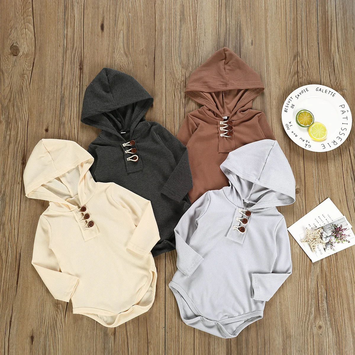 

Baby Onesie New Style Long Sleeve Ribbed Pattern Button Hooded Triangle Romper Candy-Colored Crawling Clothes Spring And Autumn